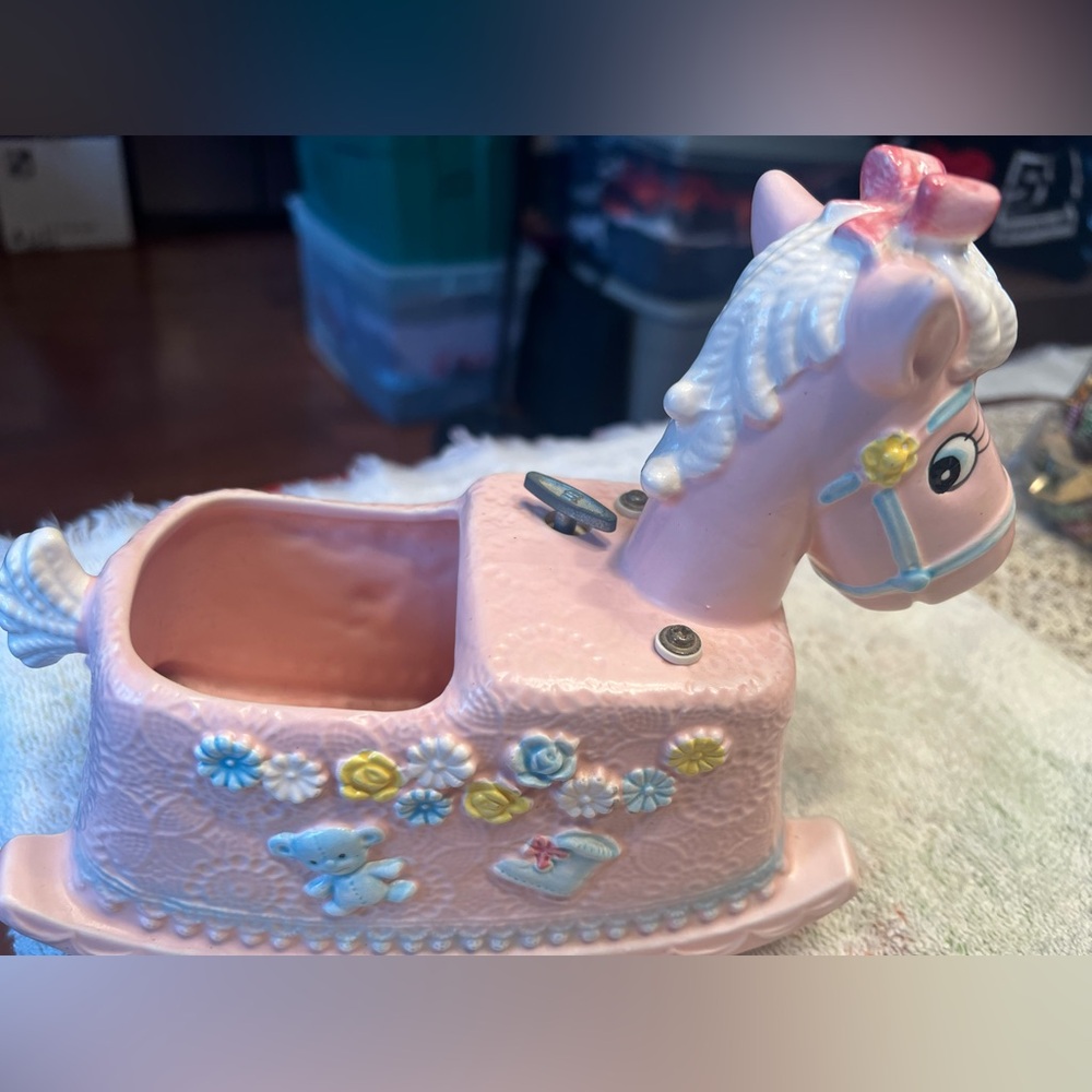 Pink Ceramic Rocking Horse Wind-Up Vintage Planter
